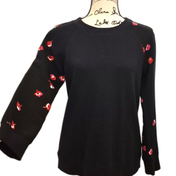 Kate Spade Cherry Blossom Jacquard Sleeve Sweater S Black Crewneck Knit Pullover - Picture 2 of 11